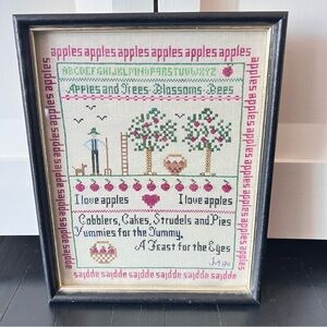Vintage Cross-Stitch Art with Apples & Trees 9x11